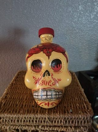 2014 Kah Tequila Skull Day Of The Dead Yellow Red Devil 750ml Bottle Empty