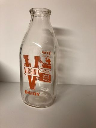 1950’s Virginia Dairy Quart Milk Bottle Richmond Va Acl Painted Label