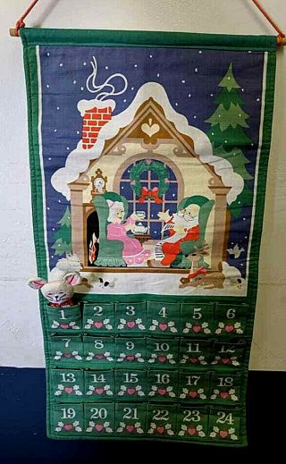 Vintage 1987 Avon Advent Calendar Countdown Christmas Mouse Santa Claus Fabric