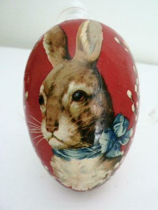 Vintage 4.  5” Red Paper Mache Germany Egg Rabbit Head Blue Bow Pussy Willow