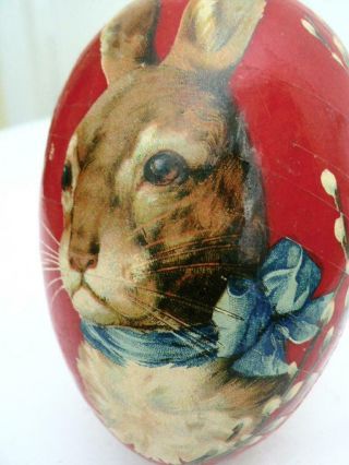 VINTAGE 4.  5” RED PAPER MACHE GERMANY EGG RABBIT HEAD BLUE Bow PUSSY WILLOW 2