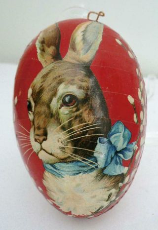 VINTAGE 4.  5” RED PAPER MACHE GERMANY EGG RABBIT HEAD BLUE Bow PUSSY WILLOW 3