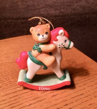 1986 Enesco Lucy & Me Christmas Teddy Bear Rocking Horse Ornament