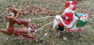 Santa And Sleigh 2 Reindeer Lighted Blow Mold Christmas Yard Decoration