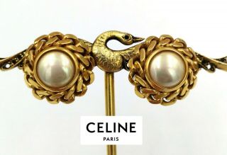 Vintage Couture French Signed Celine Paris Gold Metal / Faux Pearl Earrings