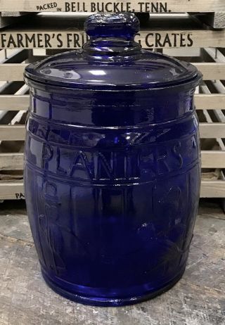 Planters " Running " Mr.  Peanut Cobalt Blue Counter Container Glass Barrel Jar