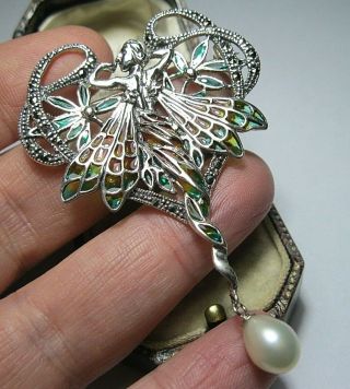 Assay Hallmarked Sterling Silver Plique A Jour Art Nouveau Fairy Pearl Brooch