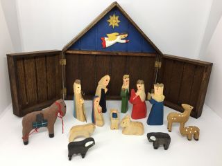 Vintage 1988 Lillian Vernon Wooden Nativity Crèche Figurine W Box 15pcs