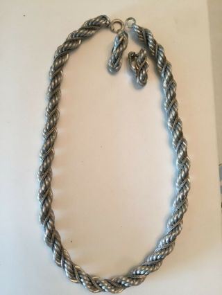 Outstanding 15 " Vintage Sterling Silver Necklace With Matching Clip Earrings