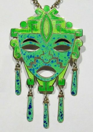 Large Signed Taxco 925 Silver Turquoise Enamel Mayan Chief Face Mask Pendant Pin