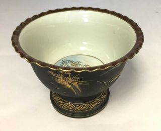 Asian Compote Bowl Black Finish Gold Gilt Ripple Edge Painted Floral