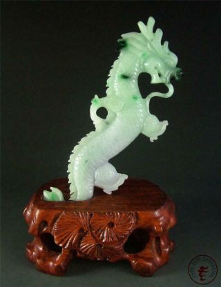 Old Natural Chinese Jadeite Emerald Jade Carved Statue Powerful Dragon W/ Stand