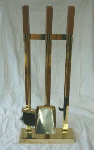 Vintage Mid Century Modern Brass Iron Fireplace Tools Set Stand Vintage 31 1/2 "