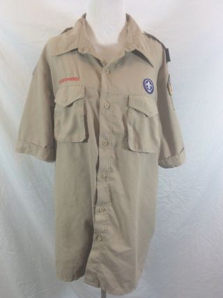 Mens Boy Scouts Bsa Beige Uniform Shirt Short Sleeve Patches L Large