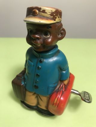 Black Americana Walking Boy Porter Celluloid Tin Toy Wind Up Made In Japan 60 