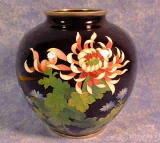 5 " Unsigned Ando Japanese Showa Cloisonne Black Vase W Flowers