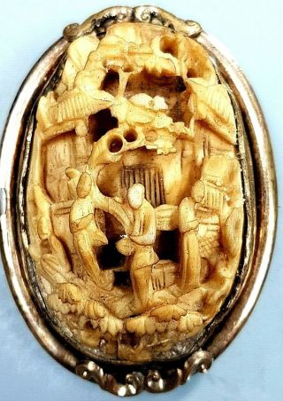 Antique Chinese Carved Bone Yellow Metal Mounted Brooch Figures in Garden c 1850 2