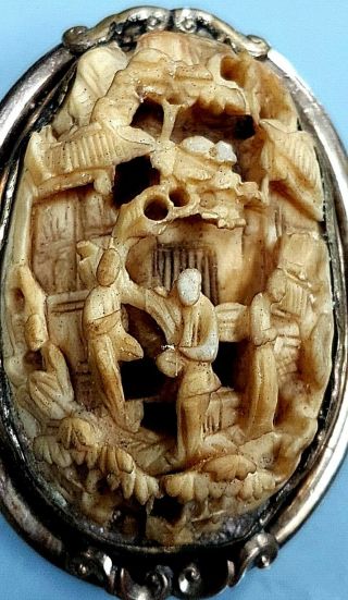 Antique Chinese Carved Bone Yellow Metal Mounted Brooch Figures in Garden c 1850 3
