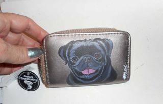 Black Pug Dog Hand Painted Coin Change Purse Mini Rfid Wallet