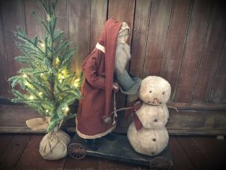 Arnett’s Country Store Large 22” Arnett Santa Building Snowman Pull Toy Red Gown