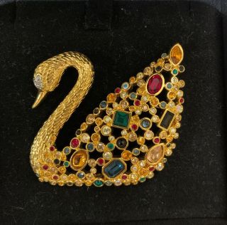 Swarovski Swan Signed Gold Tone Multi - Colored Crystals 100th Anniversary Brooch