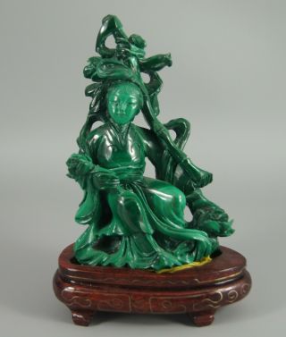 Good Old Chinese Carved Malachite Guanyin Deity Goddess Figure On Wooden Stand