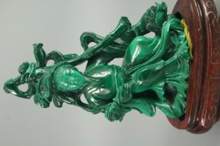 GOOD OLD CHINESE CARVED MALACHITE GUANYIN DEITY GODDESS FIGURE ON WOODEN STAND 2