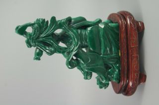 GOOD OLD CHINESE CARVED MALACHITE GUANYIN DEITY GODDESS FIGURE ON WOODEN STAND 3