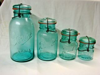 Vintage 4 Jar Set Blue / Green Ball Ideal Jars W/ Glass Lids And Wire Bails