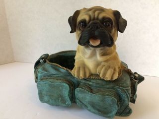Adorable Pug In Carry Bag Collectible Dog Figurine Brown Stone Resin Planter