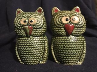 Vintage Green Yarn Owls Salt And Pepper Shakers