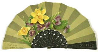 Die Cut Victorian Hand Fan Birthday Greeting Card Scrap Embossed Flowers