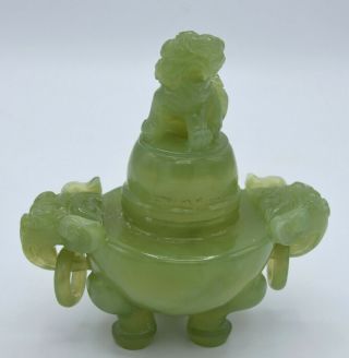Antique Chinese Foo Dog Dragon Elephants Hand Carved Green Jade Stone Jar w/ Lid 2