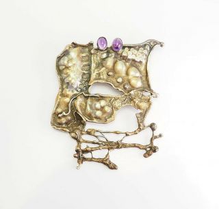 Unique Large Abstract Handmade Sterling Silver And Amethyst Art Pin Brooch