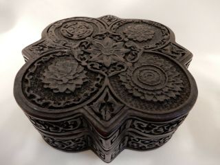 Chinese Carved Black Cinnabar Lacquer Jewelry Trinket Box Octagonal Marked Signe