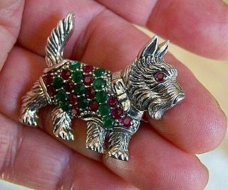 Sterling Silver Real Ruby & Emerald Scottie West Highland Terrier Dog Brooch Pin