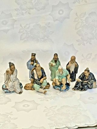 Collectable Vintage Hand Made Shiwan Mudman Figurines Set Of 7 China C 1970 