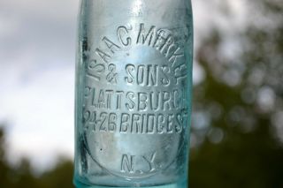 Antique Isaac Merkel & Sons Plattsburgh,  N.  Y.  Bridge St.  Bottle Aqua Inv.  919 - 7 - 1