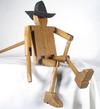 Antique Folk Art Wooden Cowboy Stick Limberjack Jig Doll Hand Performer Puppet