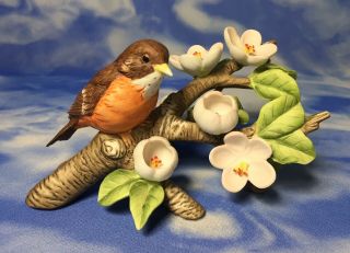 Htf Hand Painted Bisque Porcelain Robin Bird Figurine Cherry Blossom Branch Rgvc