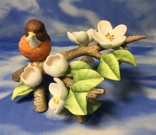 HTF Hand Painted Bisque Porcelain Robin Bird Figurine Cherry Blossom Branch RGVC 2