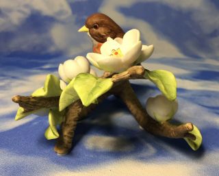 HTF Hand Painted Bisque Porcelain Robin Bird Figurine Cherry Blossom Branch RGVC 3
