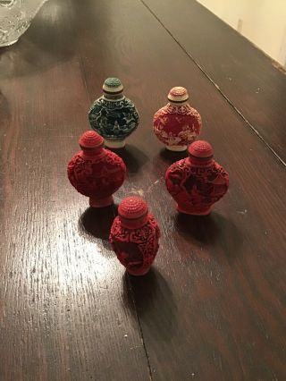 Antique Chinese Hand Carved Cinnabar Lacquer Snuff Or Scent Bottles Set Of 5