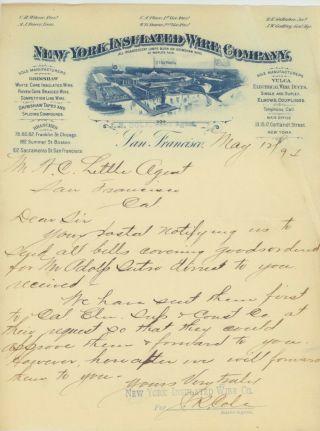 Letter To Agent For Adolph Sutro 1891 From Ny Insulated Wire Co - Bills To Sutro