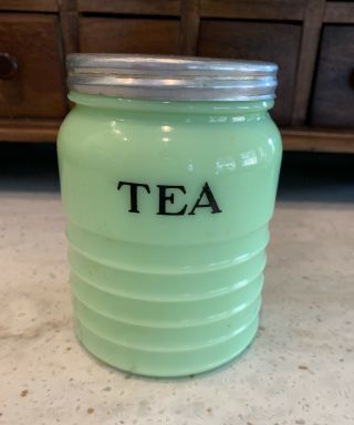 Vintage Jadite Jadeite Glass Tea Jar Canister 2115 - 6 Ribbed With Lid