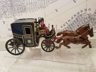 German Orobr Wind Up Tin Toy Horse Drawn Carriage (complete)