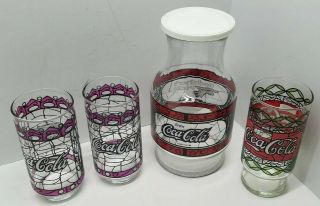 Vtg Coca Cola Godfather Pizza Stained Glass Style Pitcher Carafe & 3 Glasses Set