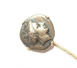Ancient Roman Or Greek Silver Coin Set In A 9 Carat Gold Stick Pin