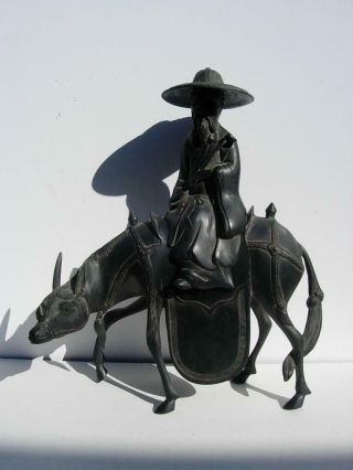 Antique Chinese Bronze Censer And Cover In The Form Of A Scholar On Horseback