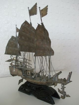 Fine Signed Antique Chinese Oriental Export Silver Junk Ship,  Rudder On Stand